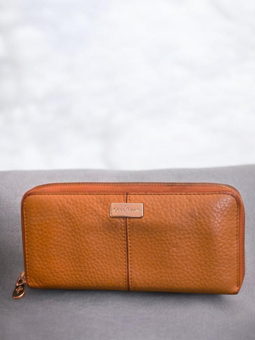 Cole Haan Cognac Brown Leather Zip Around Pebbled Leather Organizer Wallet